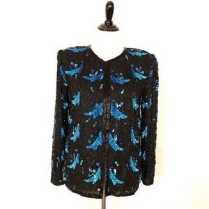 Vintage Fully Beaded Sequin Blazer Jacket‎ Womens S Black Blue Silk Glam Formal